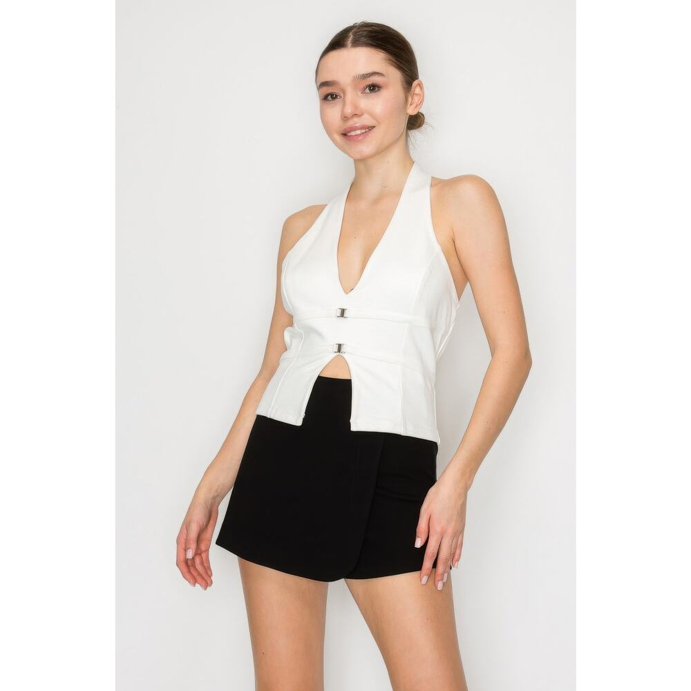 HackleBee | Off White Halter Neck Buckled Open-back Top Size S, M, L